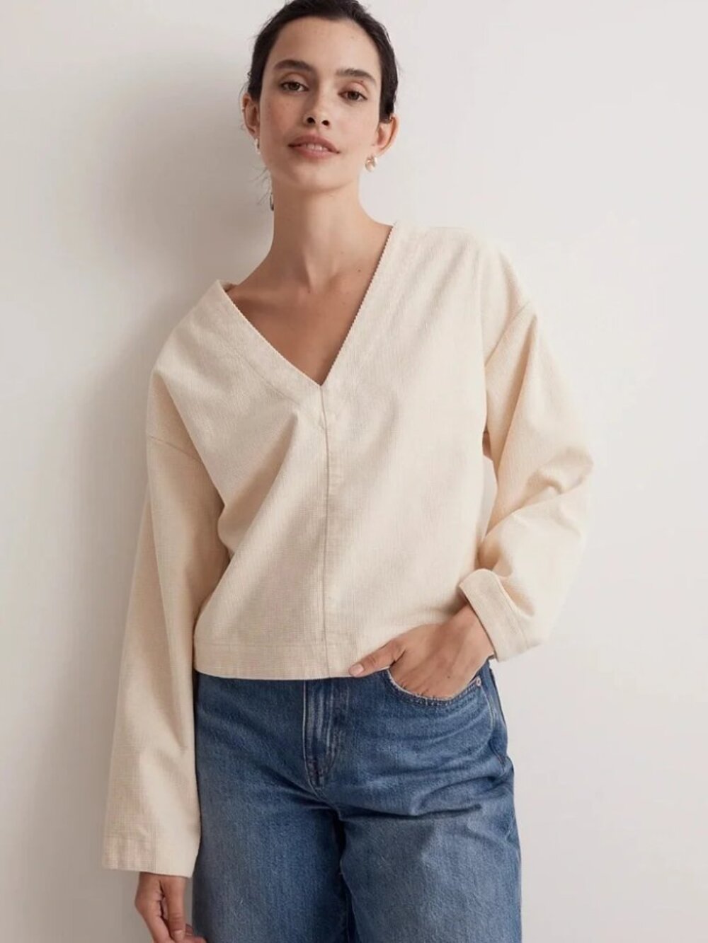 Madewell Antique Cream Waffle-Knit Relaxed V-Neck Top